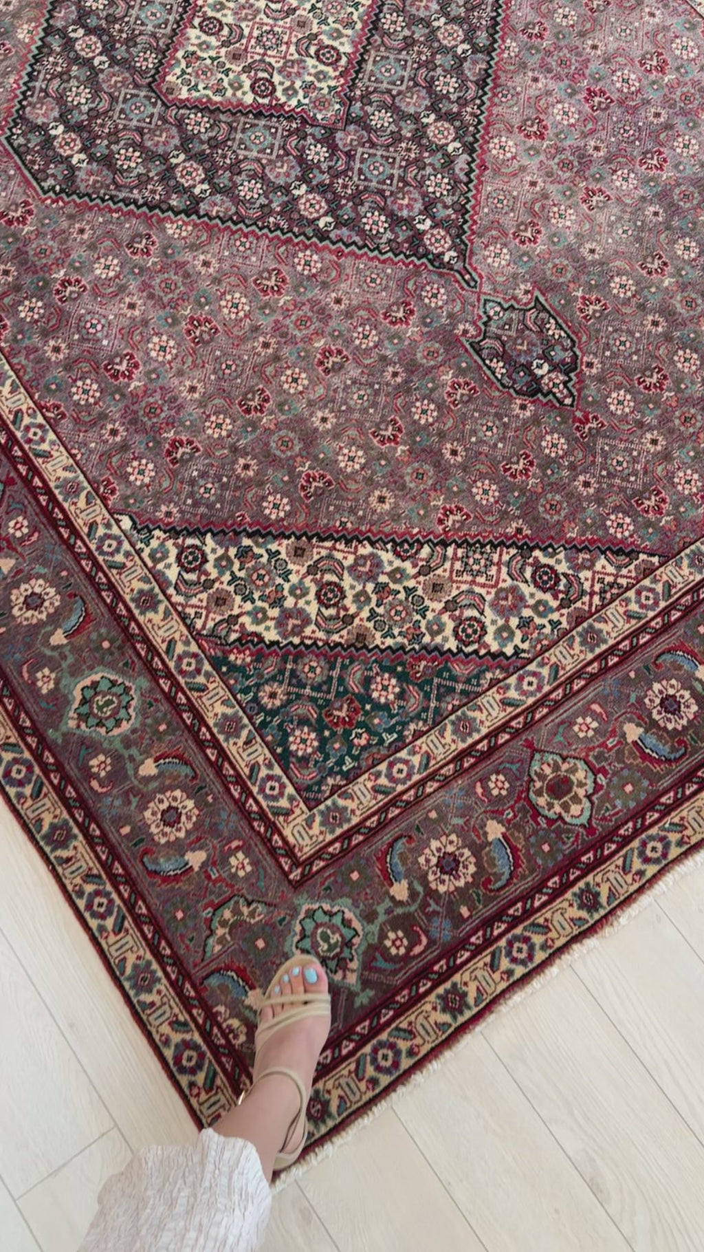 Corner detail of hand-knotted vintage Persian wool area rug featuring ornate border and vibrant floral motifs in red, green, and ivory.