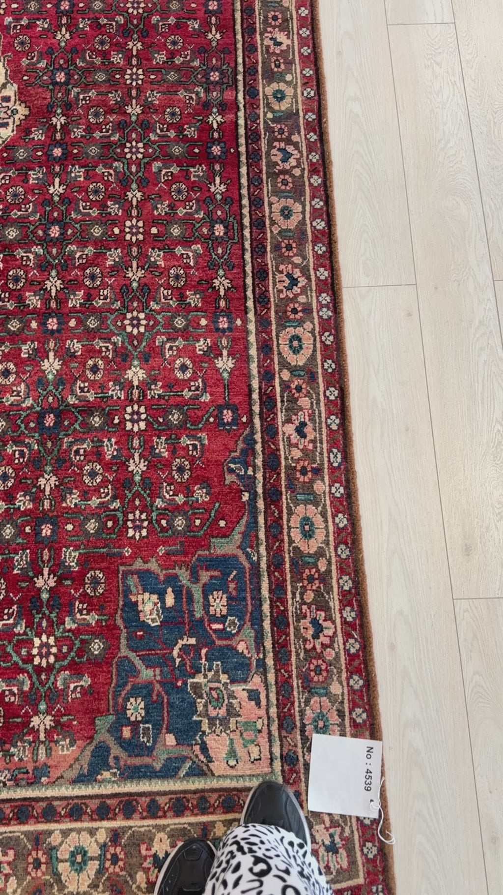 Close-up of Hand-Knotted Vintage Wool Area Rug – 8' 11" x 5' 2" showing detailed floral motifs and border design in red, blue, and beige hues.