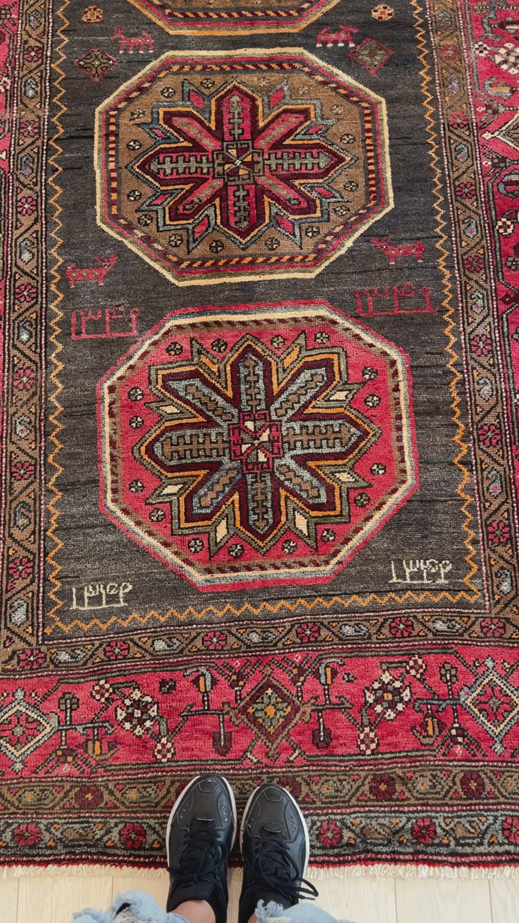 Detailed view of Hand-Knotted Vintage Wool Area Rug – 10' 1" x 5' with bold medallion motifs and fine wool texture, enhancing vintage interior themes.